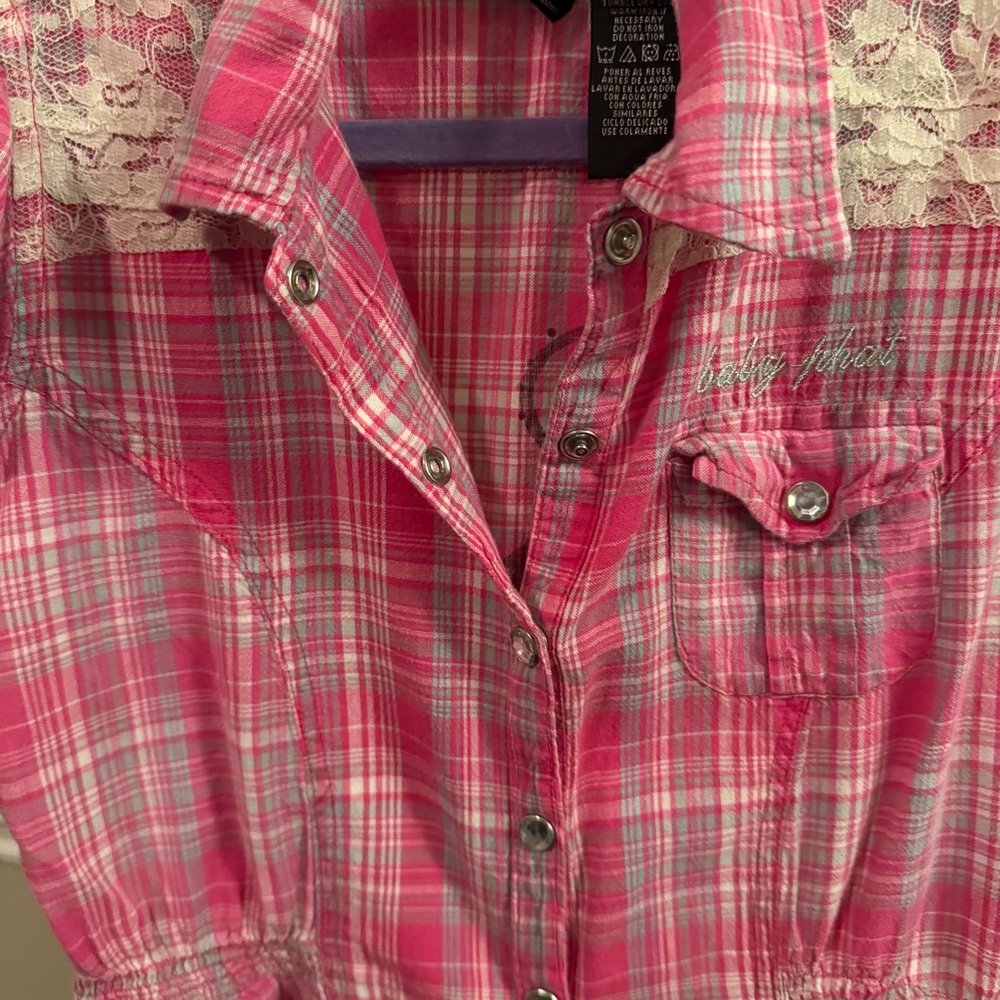 Baby Phat Y2K Pink Plaid Lace Button Front Top Size M - Picture 7 of 12